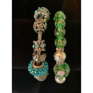 Vintage Green and Blue Bead and Crystal Bracelets in Silver tone, Unmarked